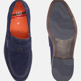 A blue Men's bugatti Penny Loafer featuring a round apron toe, moulded heel. Made from suede leather with a durable tr outsole, this slip-on design offers both style and comfort.
