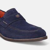 A blue Men's bugatti Penny Loafer featuring a round apron toe, moulded heel. Made from suede leather with a durable tr outsole, this slip-on design offers both style and comfort.