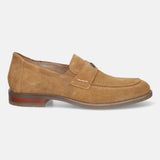 A beige Men's bugatti Penny Loafer featuring a round apron toe, moulded heel. Made from suede leather with a durable tr outsole, this slip-on design offers both style and comfort.