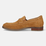 A beige Men's bugatti Penny Loafer featuring a round apron toe, moulded heel. Made from suede leather with a durable tr outsole, this slip-on design offers both style and comfort.