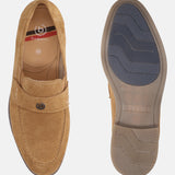 A beige Men's bugatti Penny Loafer featuring a round apron toe, moulded heel. Made from suede leather with a durable tr outsole, this slip-on design offers both style and comfort.