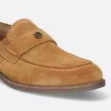 A beige Men's bugatti Penny Loafer featuring a round apron toe, moulded heel. Made from suede leather with a durable tr outsole, this slip-on design offers both style and comfort.