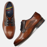Men's Bugatti derby cognac leather shoes with a pointed toe and plain toe featuring a moulded heel , a tpr outsole , and laces fastening.