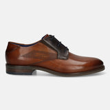 Men's Bugatti derby cognac leather shoes with a pointed toe and plain toe featuring a moulded heel , a tpr outsole , and laces fastening.