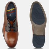 Men's Bugatti derby cognac leather shoes with a pointed toe and plain toe featuring a moulded heel , a tpr outsole , and laces fastening.