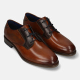 Men's Bugatti derby cognac leather shoes with a pointed toe and plain toe featuring a moulded heel , a tpr outsole , and laces fastening.
