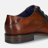 Men's Bugatti derby cognac leather shoes with a pointed toe and plain toe featuring a moulded heel , a tpr outsole , and laces fastening.