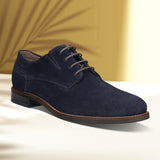 Men's Bugatti derby blue leather shoes with a pointed toe and plain toe featuring a moulded heel , a tpr outsole , and laces fastening.