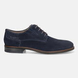 Men's Bugatti derby blue leather shoes with a pointed toe and plain toe featuring a moulded heel , a tpr outsole , and laces fastening.