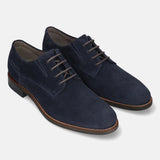 Men's Bugatti derby blue leather shoes with a pointed toe and plain toe featuring a moulded heel , a tpr outsole , and laces fastening.