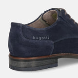 Men's Bugatti derby blue leather shoes with a pointed toe and plain toe featuring a moulded heel , a tpr outsole , and laces fastening.