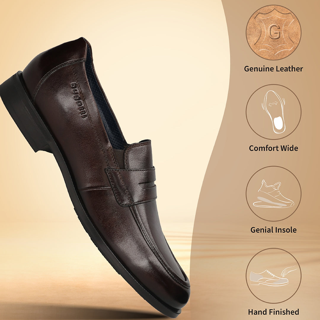 Men's Bugatti penny loafer brown leather shoes with a pointed toe and apron toe featuring a moulded heel , a tpr outsole.