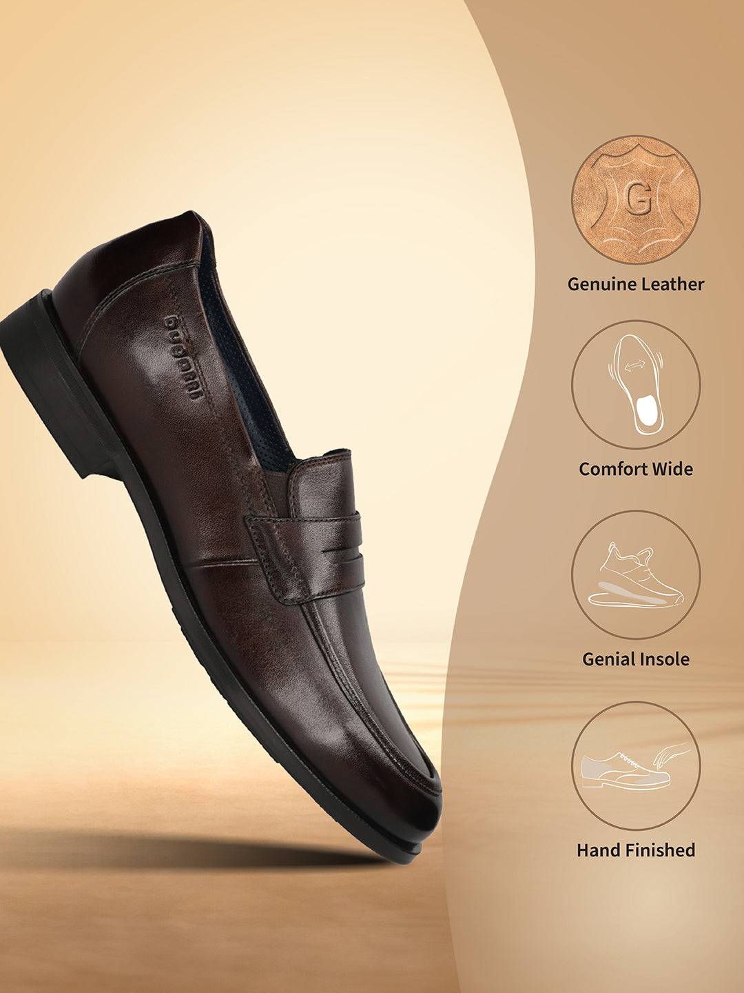 Men's Bugatti penny loafer brown leather shoes with a pointed toe and apron toe featuring a moulded heel , a tpr outsole.