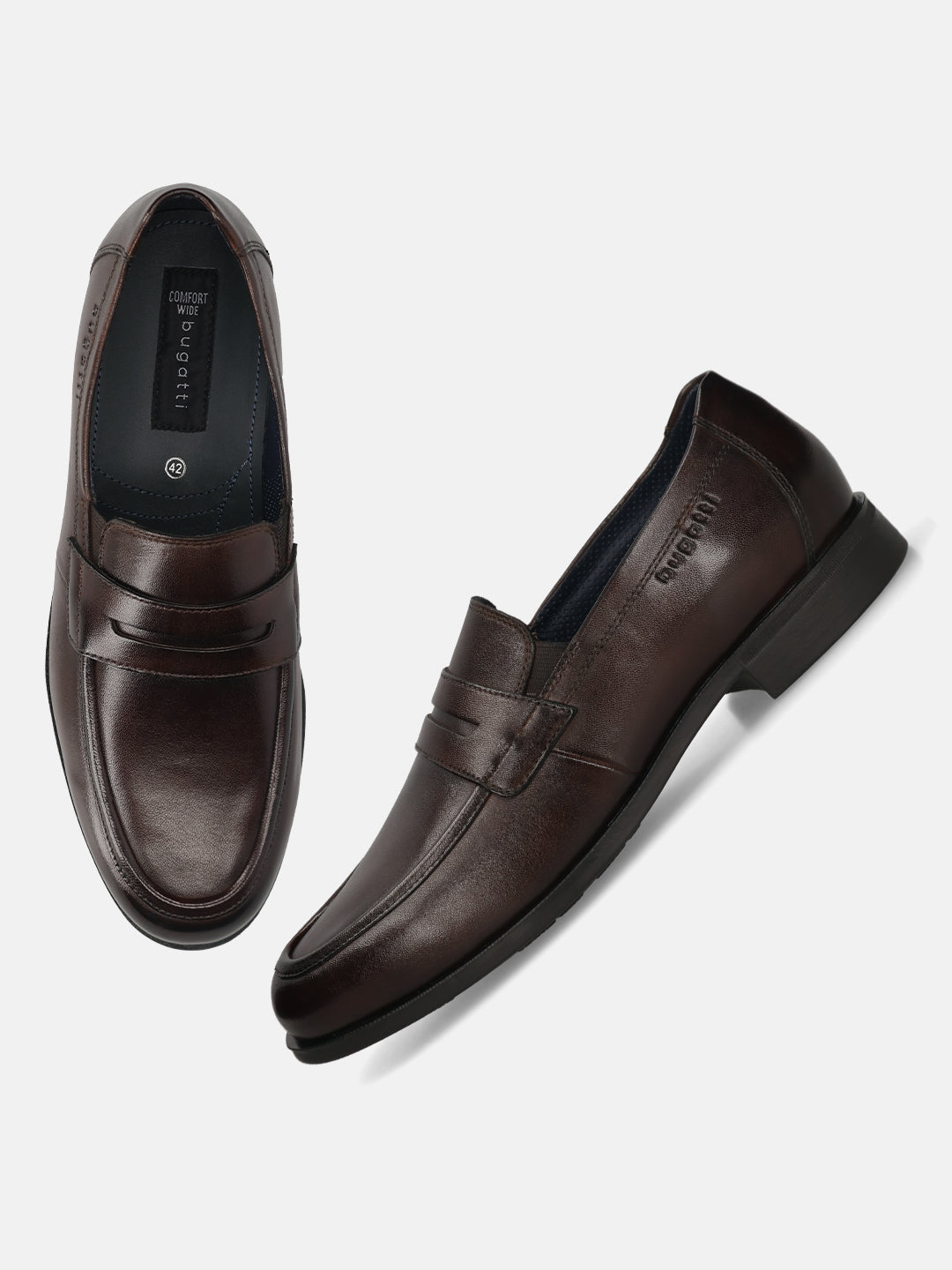 Men's Bugatti penny loafer brown leather shoes with a pointed toe and apron toe featuring a moulded heel , a tpr outsole.