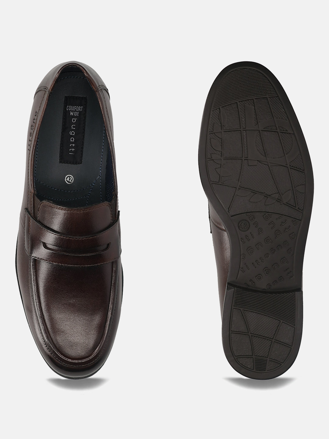 Men's Bugatti penny loafer brown leather shoes with a pointed toe and apron toe featuring a moulded heel , a tpr outsole.