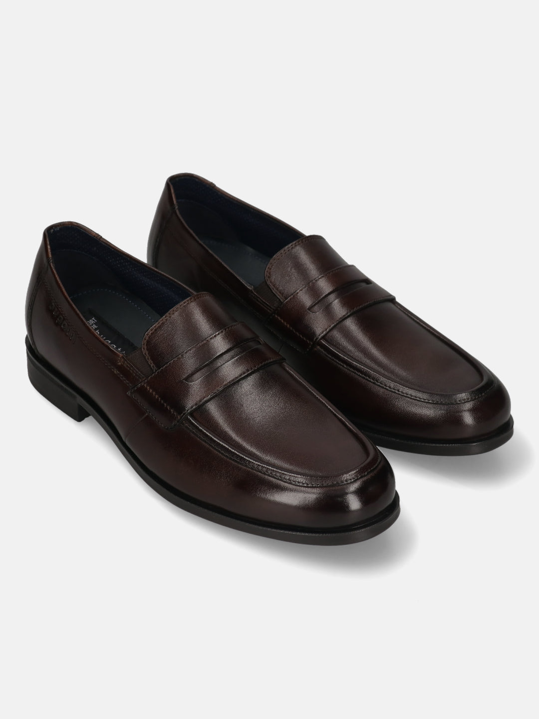 Men's Bugatti penny loafer brown leather shoes with a pointed toe and apron toe featuring a moulded heel , a tpr outsole.