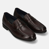 Men's Bugatti penny loafer brown leather shoes with a pointed toe and apron toe featuring a moulded heel , a tpr outsole.