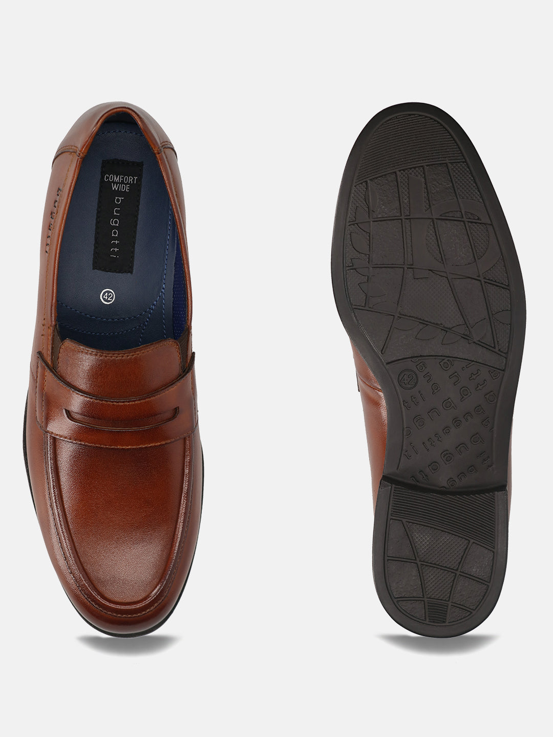 Men's Bugatti penny loafer cognac leather shoes with a pointed toe and apron toe featuring a moulded heel , a tpr outsole.
