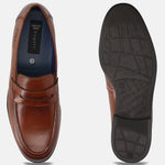 Men's Bugatti penny loafer cognac leather shoes with a pointed toe and apron toe featuring a moulded heel , a tpr outsole.