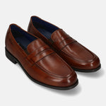 Men's Bugatti penny loafer cognac leather shoes with a pointed toe and apron toe featuring a moulded heel , a tpr outsole.