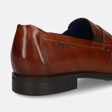 Men's Bugatti penny loafer cognac leather shoes with a pointed toe and apron toe featuring a moulded heel , a tpr outsole.