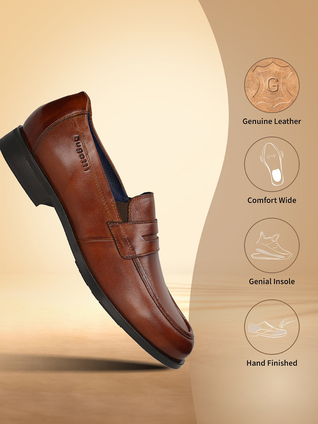 Men's Bugatti penny loafer cognac leather shoes with a pointed toe and apron toe featuring a moulded heel , a tpr outsole.