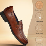 Men's Bugatti penny loafer cognac leather shoes with a pointed toe and apron toe featuring a moulded heel , a tpr outsole.