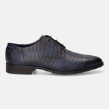A blue Men's bugatti Derby featuring a pointed toe plain toe, stacked heel. Made from premium genuine leather with a durable tpr outsole, this laces design offers both style and comfort.