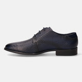 A blue Men's bugatti Derby featuring a pointed toe plain toe, stacked heel. Made from premium genuine leather with a durable tpr outsole, this laces design offers both style and comfort.