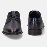 A blue Men's bugatti Derby featuring a pointed toe plain toe, stacked heel. Made from premium genuine leather with a durable tpr outsole, this laces design offers both style and comfort.