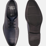 A blue Men's bugatti Derby featuring a pointed toe plain toe, stacked heel. Made from premium genuine leather with a durable tpr outsole, this laces design offers both style and comfort.