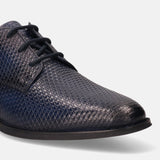 A blue Men's bugatti Derby featuring a pointed toe plain toe, stacked heel. Made from premium genuine leather with a durable tpr outsole, this laces design offers both style and comfort.