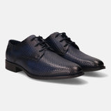 A blue Men's bugatti Derby featuring a pointed toe plain toe, stacked heel. Made from premium genuine leather with a durable tpr outsole, this laces design offers both style and comfort.