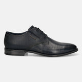Men's Bugatti derby blue leather shoes with a round toe and plain toe featuring a moulded heel , a tpr outsole , and laces fastening.