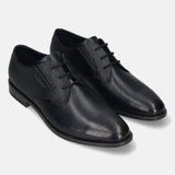 Men's Bugatti derby blue leather shoes with a round toe and plain toe featuring a moulded heel , a tpr outsole , and laces fastening.