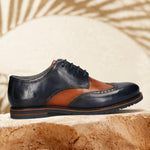 Men's Bugatti derby blue leather shoes with a round toe and wing tip featuring a stacked heel , a eva outsole , and laces fastening.