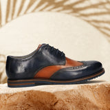 Men's Bugatti derby blue leather shoes with a round toe and wing tip featuring a stacked heel , a eva outsole , and laces fastening.