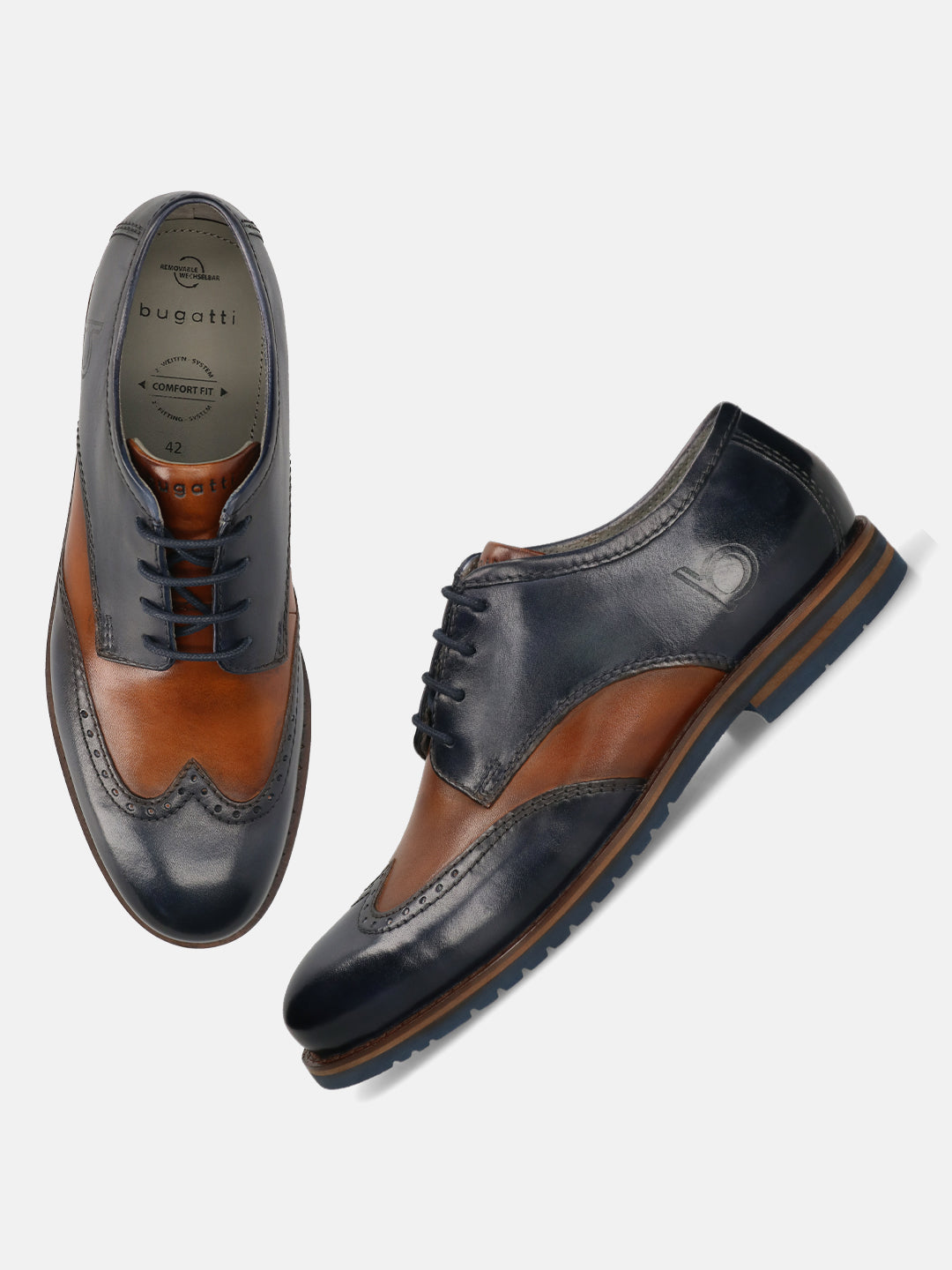 Men's Bugatti derby blue leather shoes with a round toe and wing tip featuring a stacked heel , a eva outsole , and laces fastening.