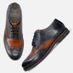 Men's Bugatti derby blue leather shoes with a round toe and wing tip featuring a stacked heel , a eva outsole , and laces fastening.