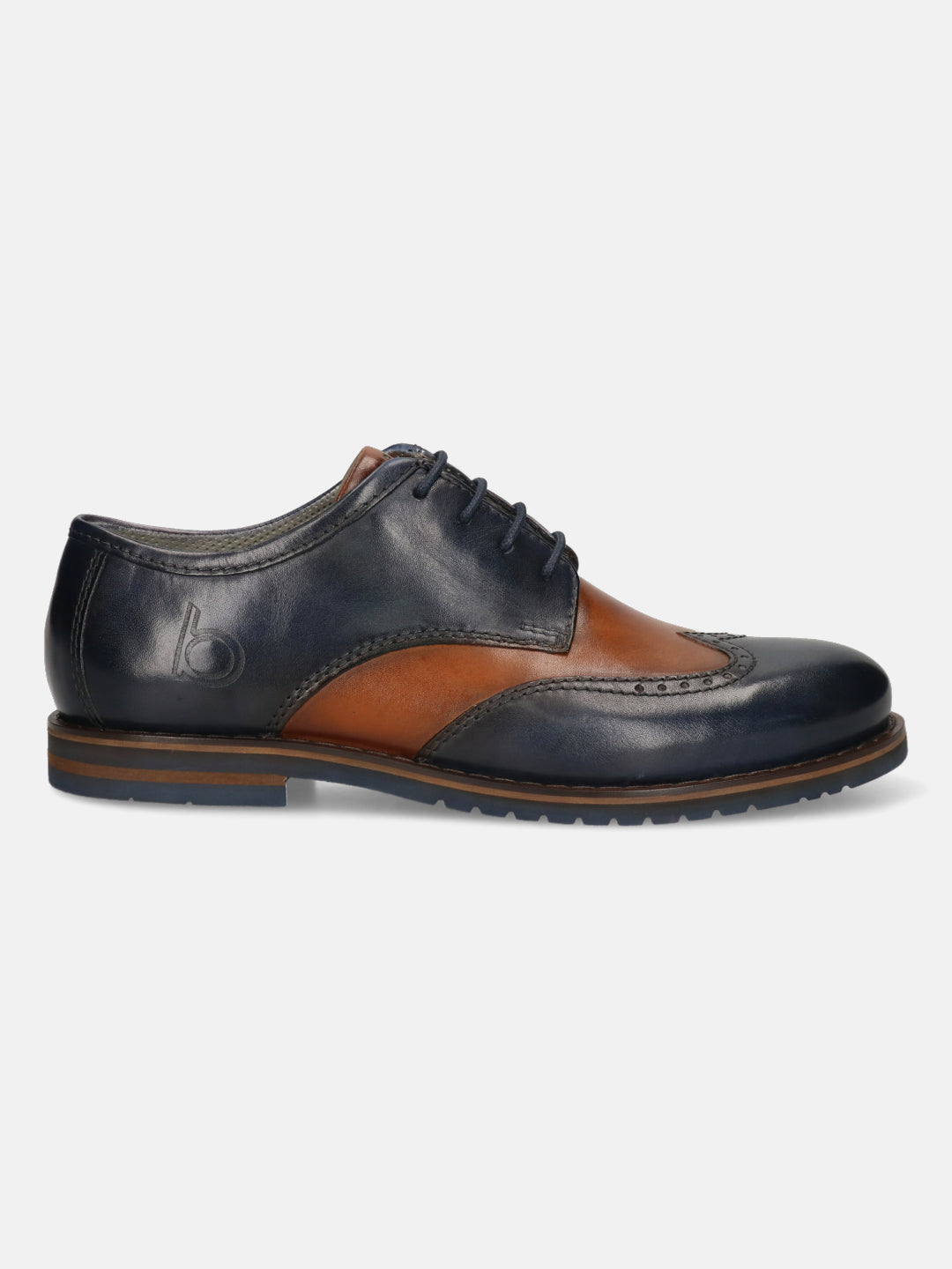 Men's Bugatti derby blue leather shoes with a round toe and wing tip featuring a stacked heel , a eva outsole , and laces fastening.