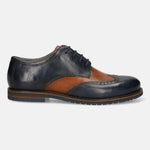 Men's Bugatti derby blue leather shoes with a round toe and wing tip featuring a stacked heel , a eva outsole , and laces fastening.