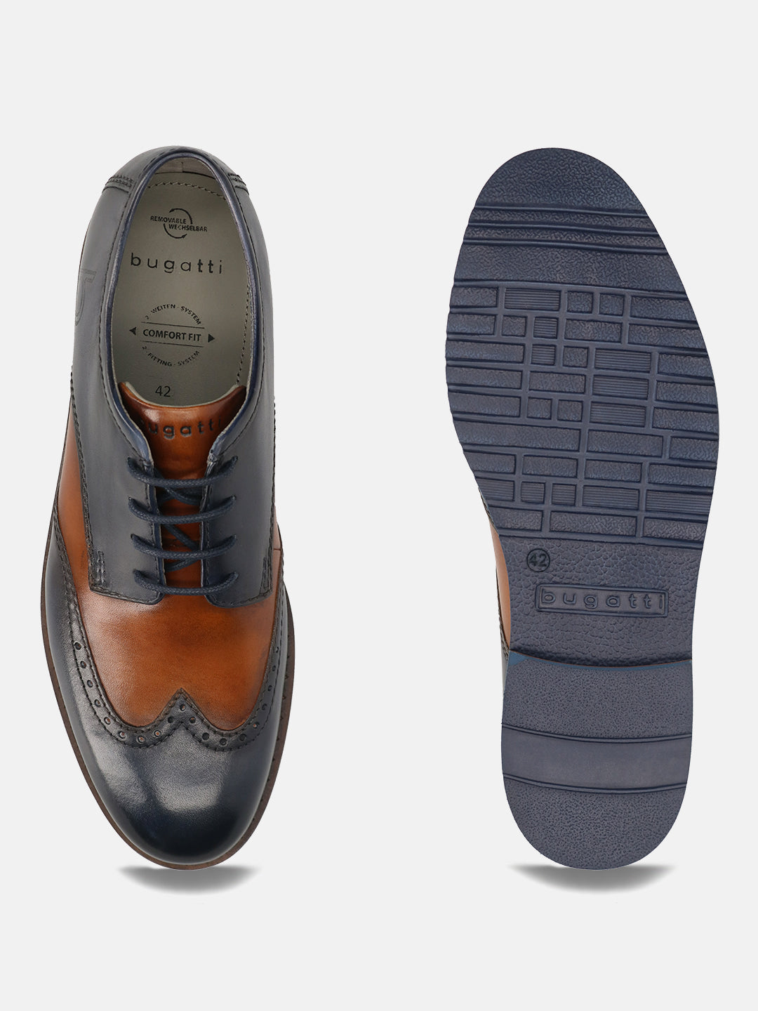 Men's Bugatti derby blue leather shoes with a round toe and wing tip featuring a stacked heel , a eva outsole , and laces fastening.