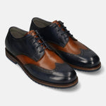Men's Bugatti derby blue leather shoes with a round toe and wing tip featuring a stacked heel , a eva outsole , and laces fastening.