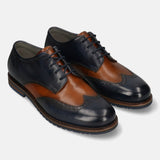 Men's Bugatti derby blue leather shoes with a round toe and wing tip featuring a stacked heel , a eva outsole , and laces fastening.