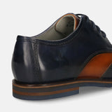 Men's Bugatti derby blue leather shoes with a round toe and wing tip featuring a stacked heel , a eva outsole , and laces fastening.