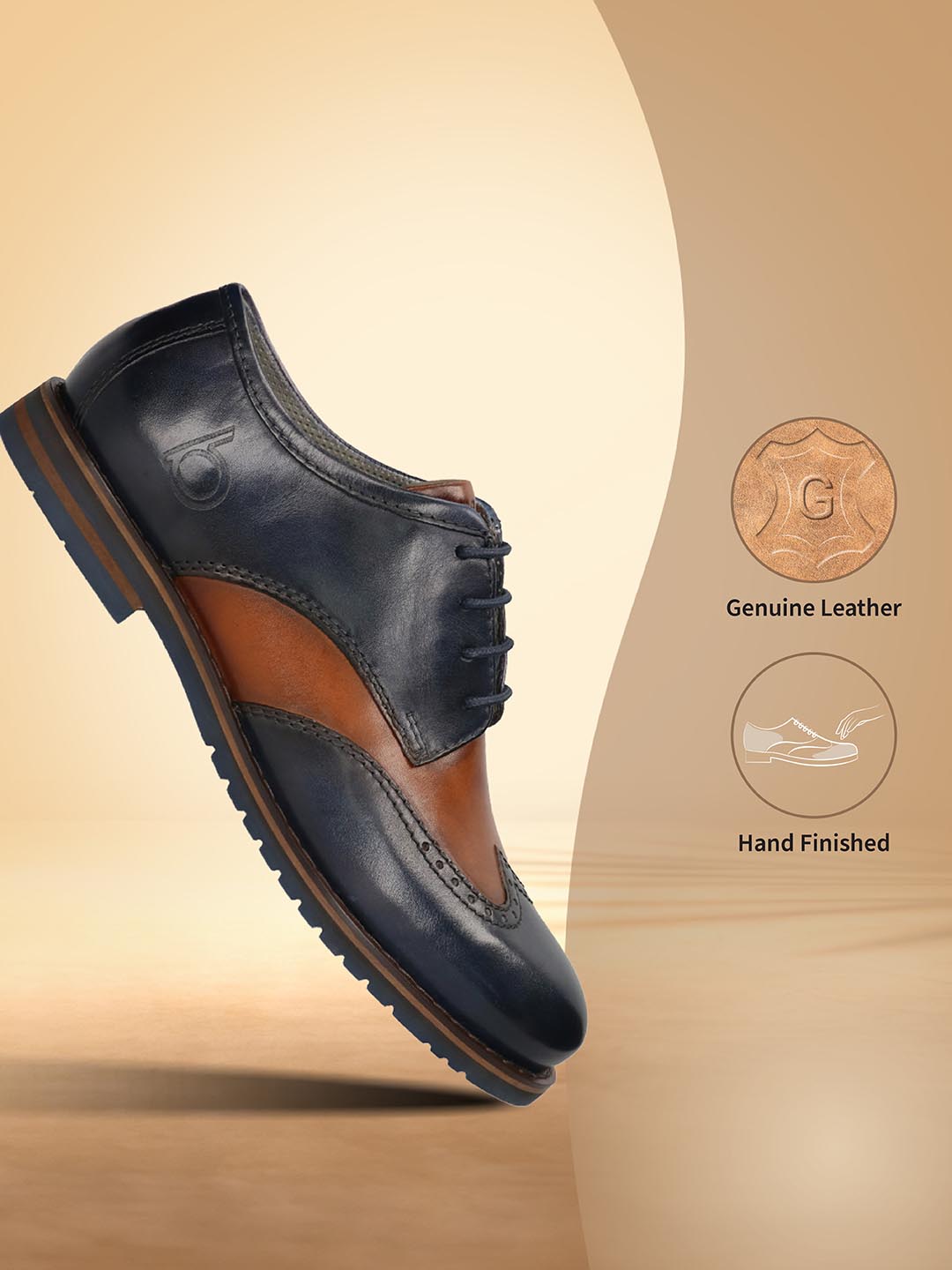 Men's Bugatti derby blue leather shoes with a round toe and wing tip featuring a stacked heel , a eva outsole , and laces fastening.