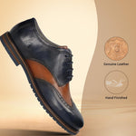 Men's Bugatti derby blue leather shoes with a round toe and wing tip featuring a stacked heel , a eva outsole , and laces fastening.