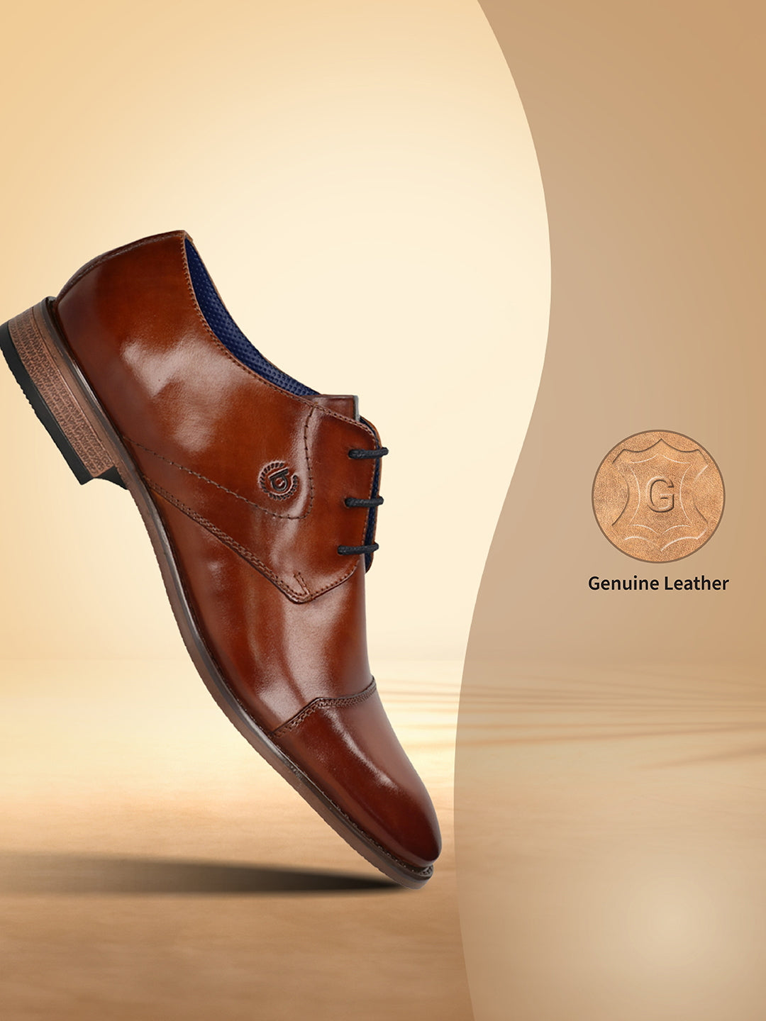 Men's Bugatti derby cognac leather shoes with a pointed toe and cap toe featuring a moulded heel , a tpr outsole , and laces fastening.