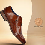 Men's Bugatti derby cognac leather shoes with a pointed toe and cap toe featuring a moulded heel , a tpr outsole , and laces fastening.