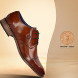 Men's Bugatti derby cognac leather shoes with a pointed toe and cap toe featuring a moulded heel , a tpr outsole , and laces fastening.